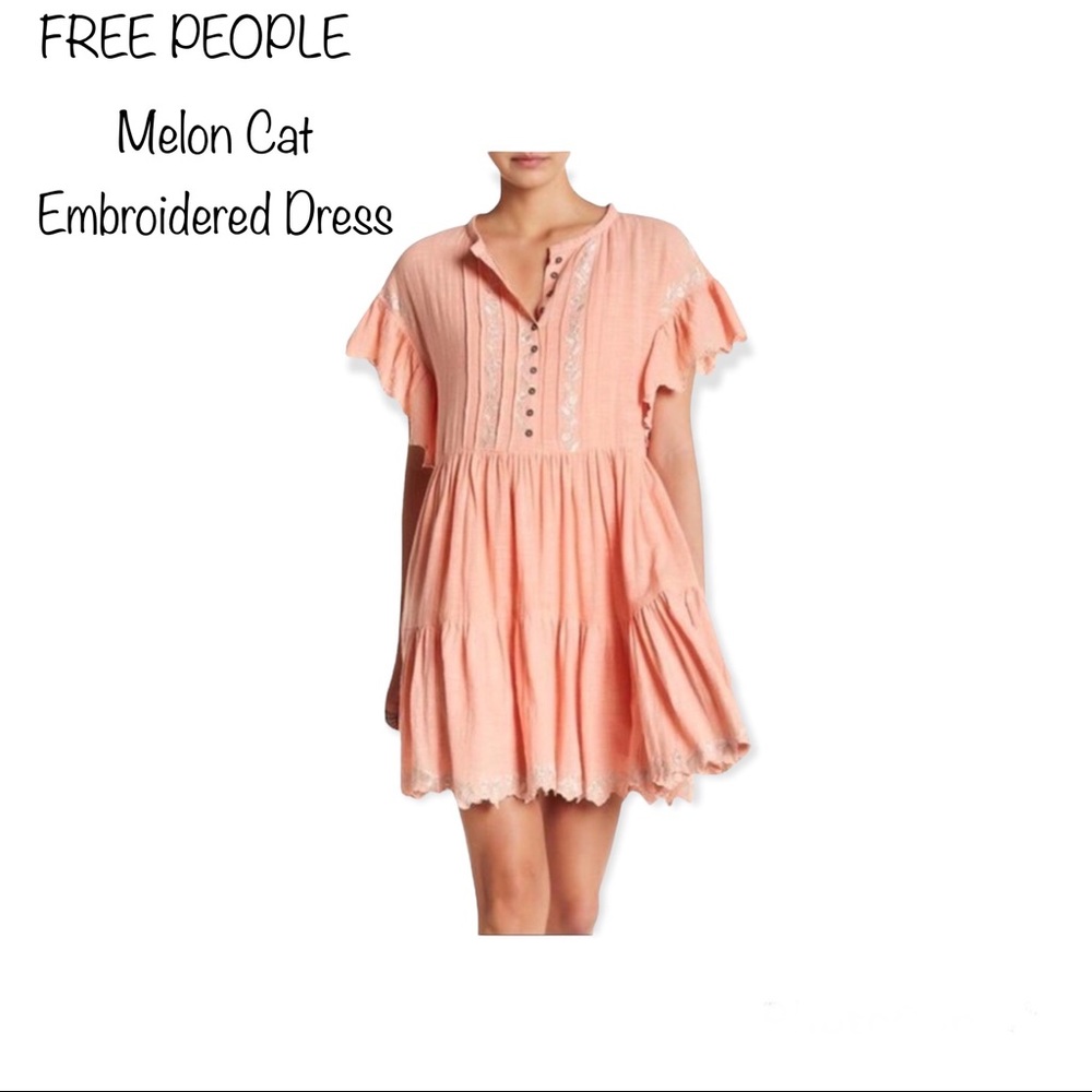 FREE PEOPLE MELON CAT Embroidered Tiered  Casual Mini Dress Size SP